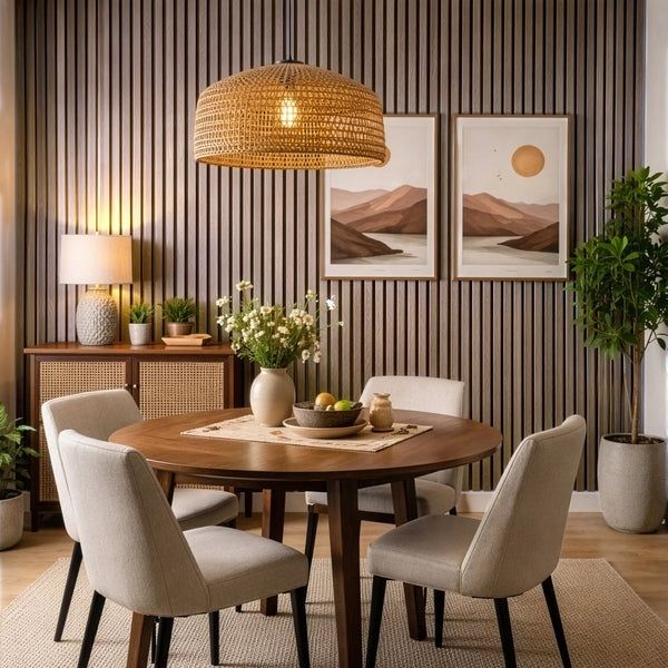 Salle à manger élégante avec murs à lattes verticales et suspension tressée
